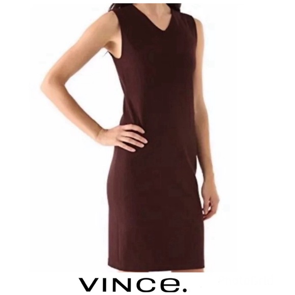 VINCE Brown Burgundy Viscose Blend Sleeveless Cocktail Sheath Midi Dress Sz 12 - Picture 1 of 14